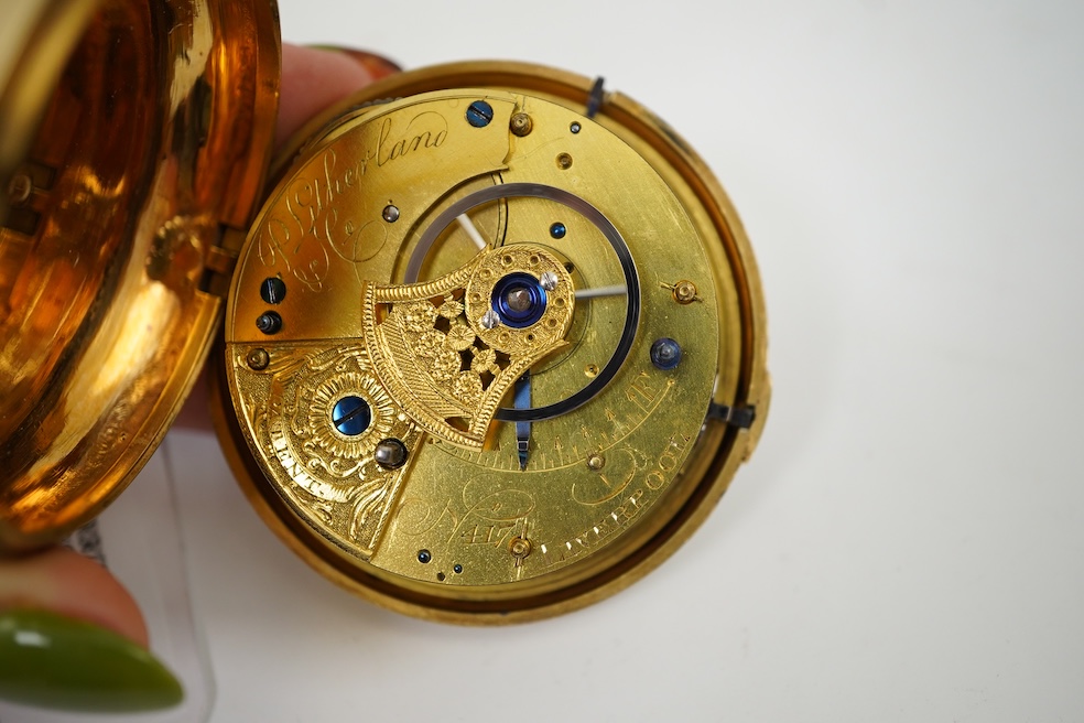 A George III silver gilt pair cased rack lever keywind pocket watch by P. Litherland & Co, Liverpool, with Roman dial and subsidiary seconds (hand missing)